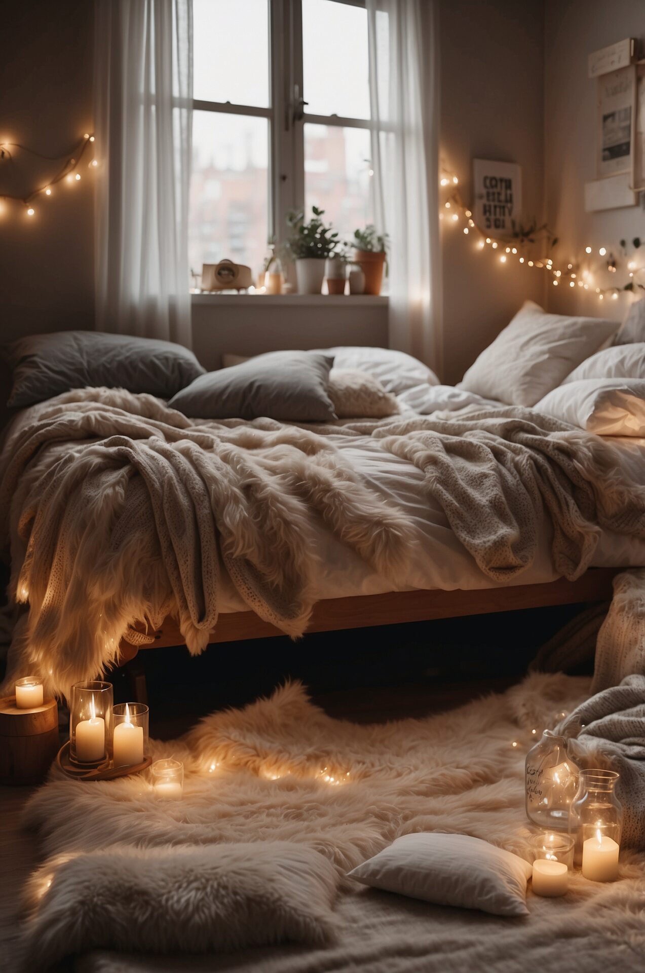 Immerse yourself in the warm embrace of a cozy dorm room, where every element exudes comfort and style. Plush blankets in soothing earth tones drape elegantly over a cozy bed adorned with fluffy pillows. In the corner, a twinkling string of fairy lights casts a warm glow, creating a sense of serenity and relaxation. This exquisite photograph beautifully captures the essence of dorm room inspiration, inviting you to dream and unwind in a space that feels like a luxurious sanctuary.