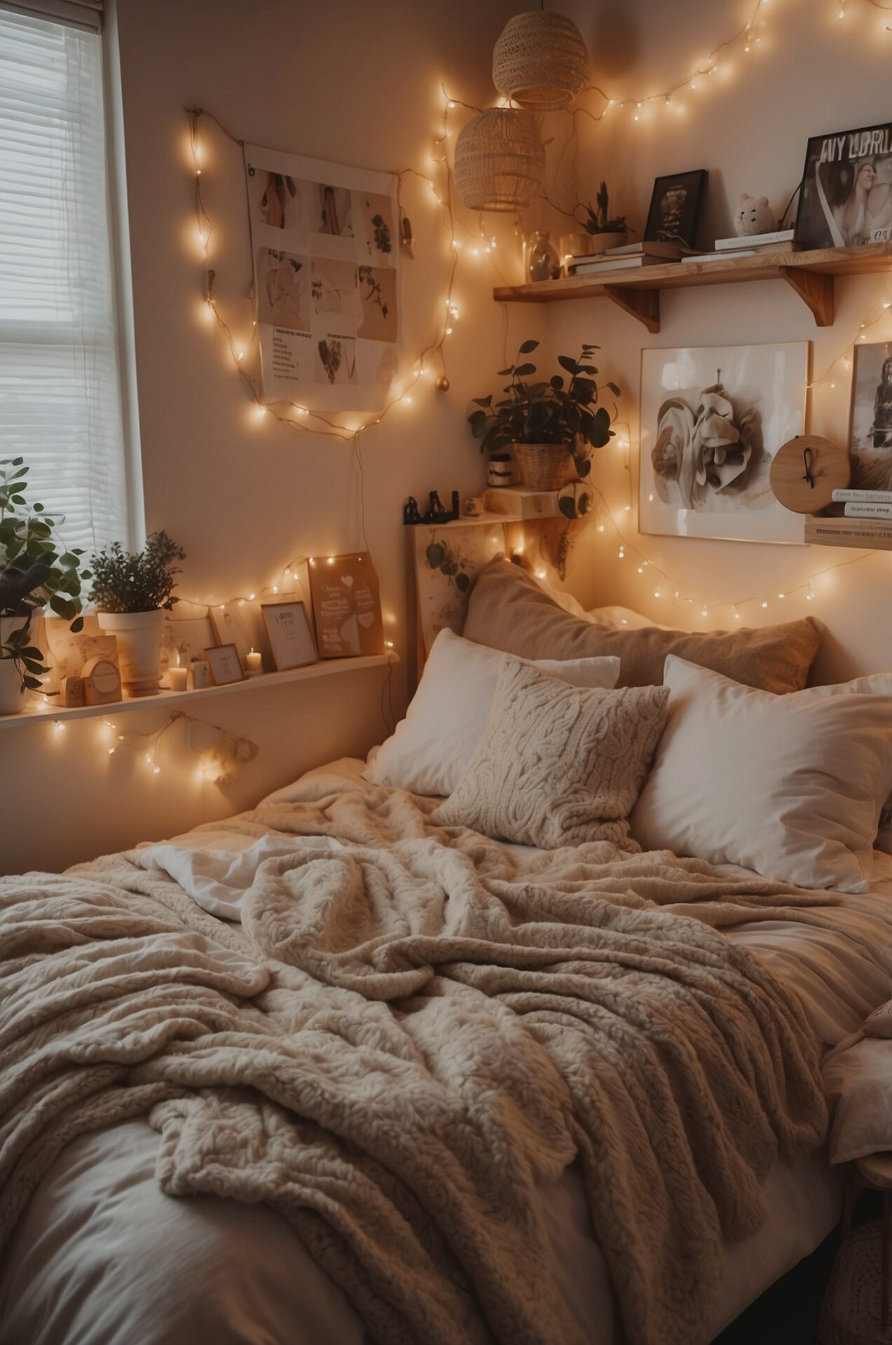 Immerse yourself in the warm embrace of a cozy dorm room, where every element exudes comfort and style. Plush blankets in soothing earth tones drape elegantly over a cozy bed adorned with fluffy pillows. In the corner, a twinkling string of fairy lights casts a warm glow, creating a sense of serenity and relaxation. This exquisite photograph beautifully captures the essence of dorm room inspiration, inviting you to dream and unwind in a space that feels like a luxurious sanctuary.