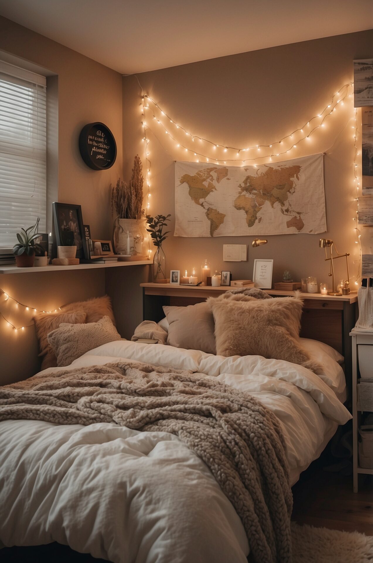 Immerse yourself in the warm embrace of a cozy dorm room, where every element exudes comfort and style. Plush blankets in soothing earth tones drape elegantly over a cozy bed adorned with fluffy pillows. In the corner, a twinkling string of fairy lights casts a warm glow, creating a sense of serenity and relaxation. This exquisite photograph beautifully captures the essence of dorm room inspiration, inviting you to dream and unwind in a space that feels like a luxurious sanctuary.