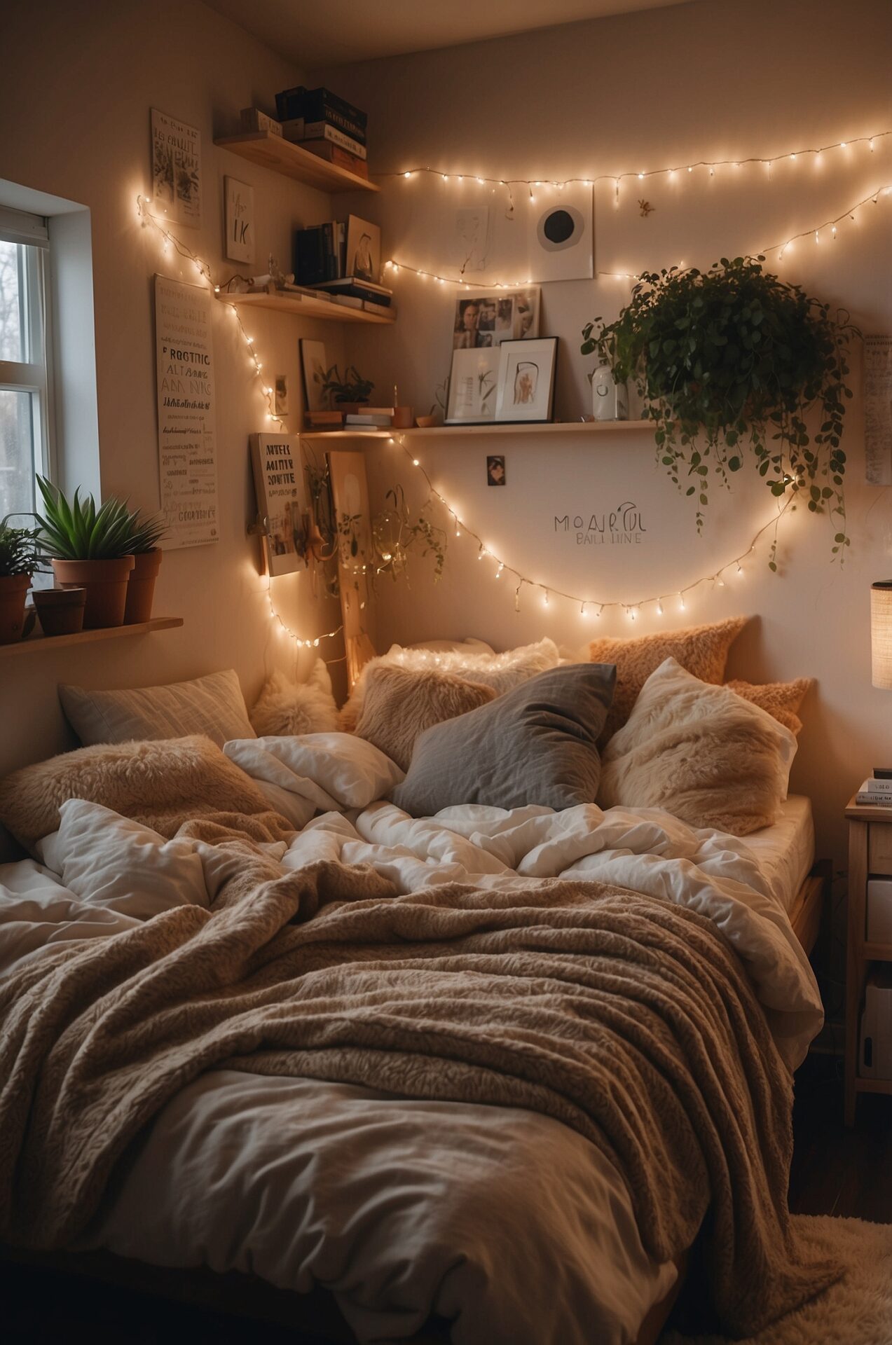 Immerse yourself in the warm embrace of a cozy dorm room, where every element exudes comfort and style. Plush blankets in soothing earth tones drape elegantly over a cozy bed adorned with fluffy pillows. In the corner, a twinkling string of fairy lights casts a warm glow, creating a sense of serenity and relaxation. This exquisite photograph beautifully captures the essence of dorm room inspiration, inviting you to dream and unwind in a space that feels like a luxurious sanctuary.
