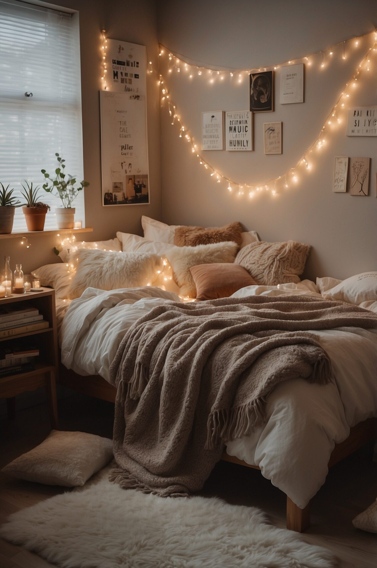 Immerse yourself in the warm embrace of a cozy dorm room, where every element exudes comfort and style. Plush blankets in soothing earth tones drape elegantly over a cozy bed adorned with fluffy pillows. In the corner, a twinkling string of fairy lights casts a warm glow, creating a sense of serenity and relaxation. This exquisite photograph beautifully captures the essence of dorm room inspiration, inviting you to dream and unwind in a space that feels like a luxurious sanctuary.
