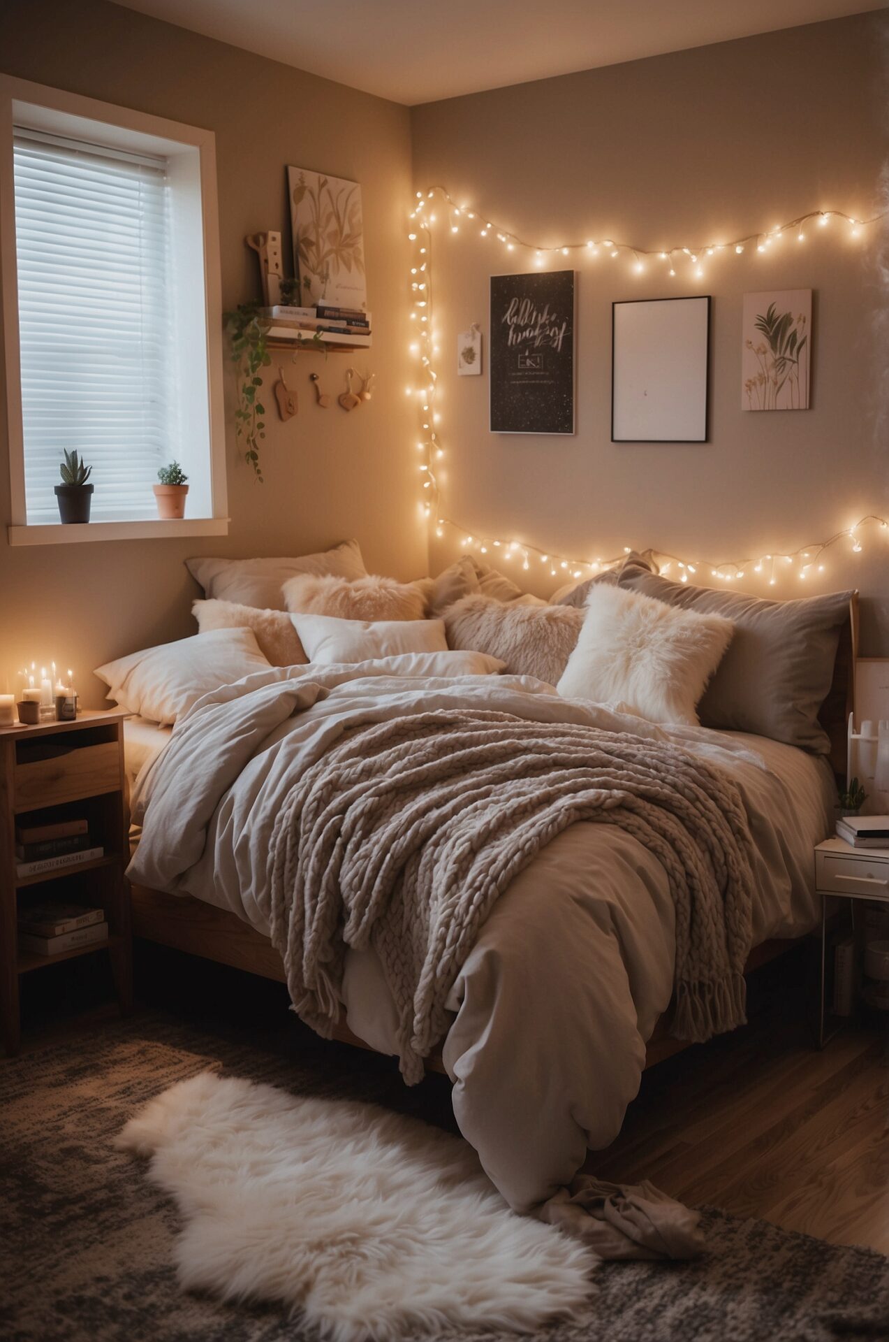 Immerse yourself in the warm embrace of a cozy dorm room, where every element exudes comfort and style. Plush blankets in soothing earth tones drape elegantly over a cozy bed adorned with fluffy pillows. In the corner, a twinkling string of fairy lights casts a warm glow, creating a sense of serenity and relaxation. This exquisite photograph beautifully captures the essence of dorm room inspiration, inviting you to dream and unwind in a space that feels like a luxurious sanctuary.